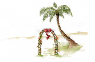 A festive arbor and a palm tree on the beach
